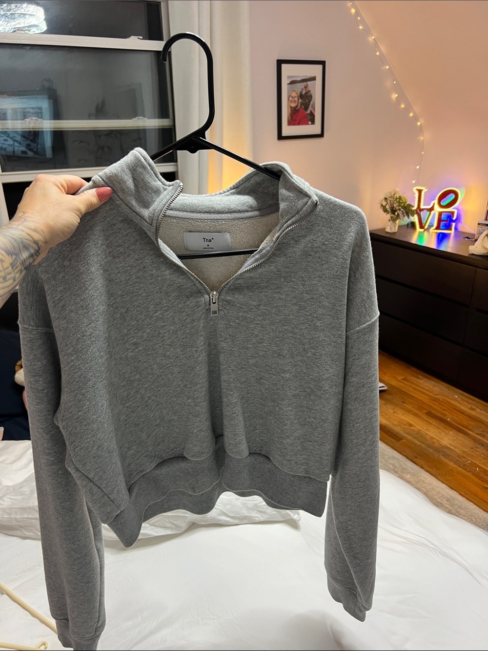 TNA Women's Gray Half-Zip Cropped Longsleeve Sweater